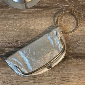 Eileen West Shimmering Silver Leather Wristlet Clutch Hoop Bracelet Carry